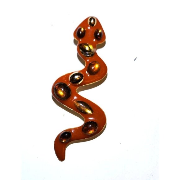 1980s Fernella's NYC Jools Snake Brooch Pin Orange Enamel Brown Cabochons - Picture 1 of 8